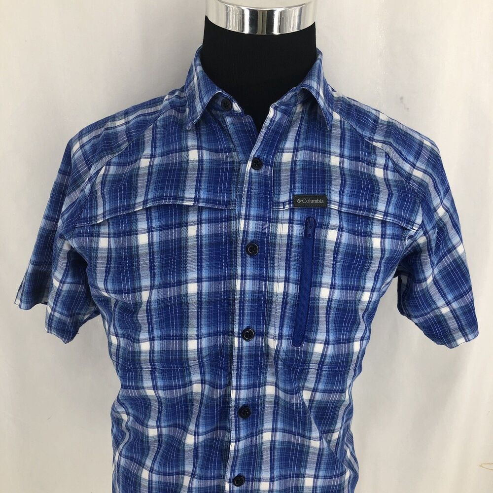 Columbia Omni Shade Short Sleeve Zip Pocket Blue Plaid Shirt AM0104 Small